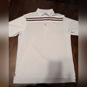 FootJoy Mens L Polo/Golf Shirt. Blueish Grey w/Pink/Navy/White Stripes